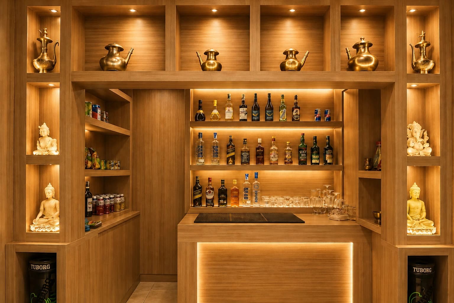 Bar interior with spirits and glassware display