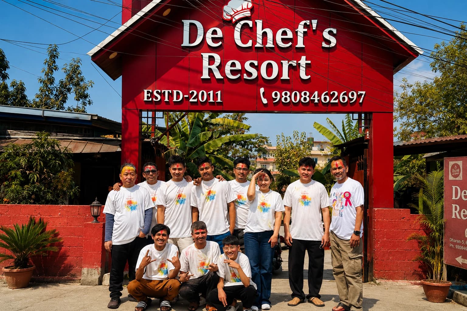 De Chef's Resort team at the entrance during Holi
